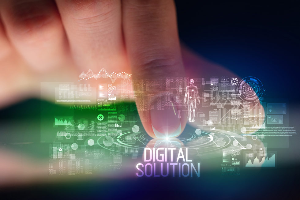 Finger touching tablet with web-technology icons