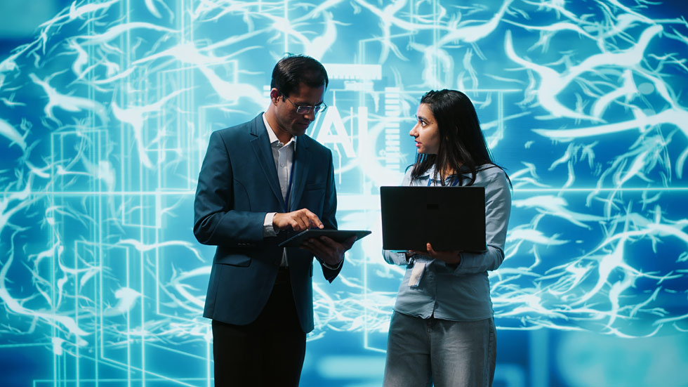 Teamworking colleagues using AI neural networks